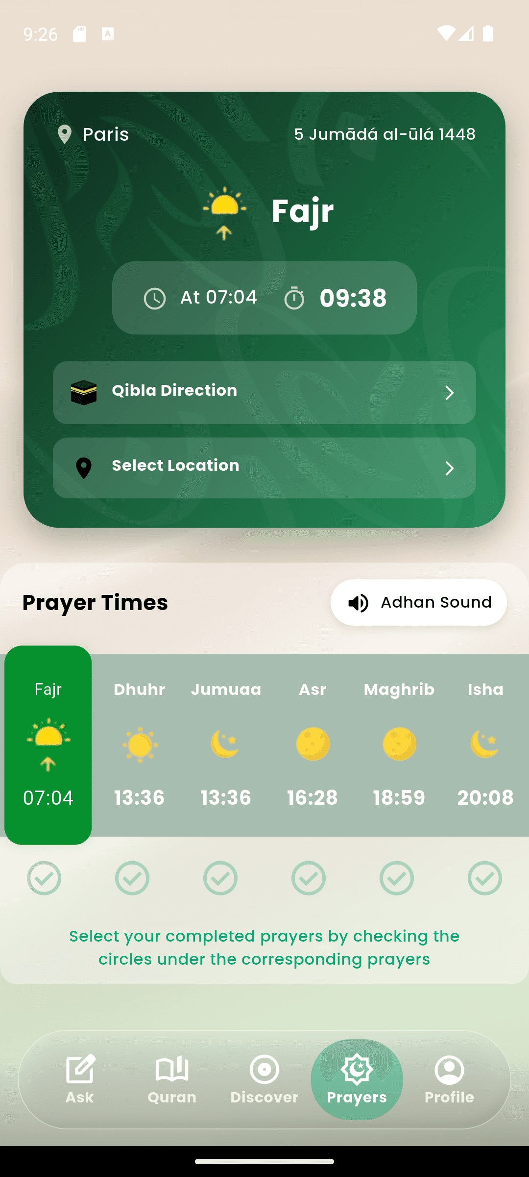 Ask Muslim prayer times screen
